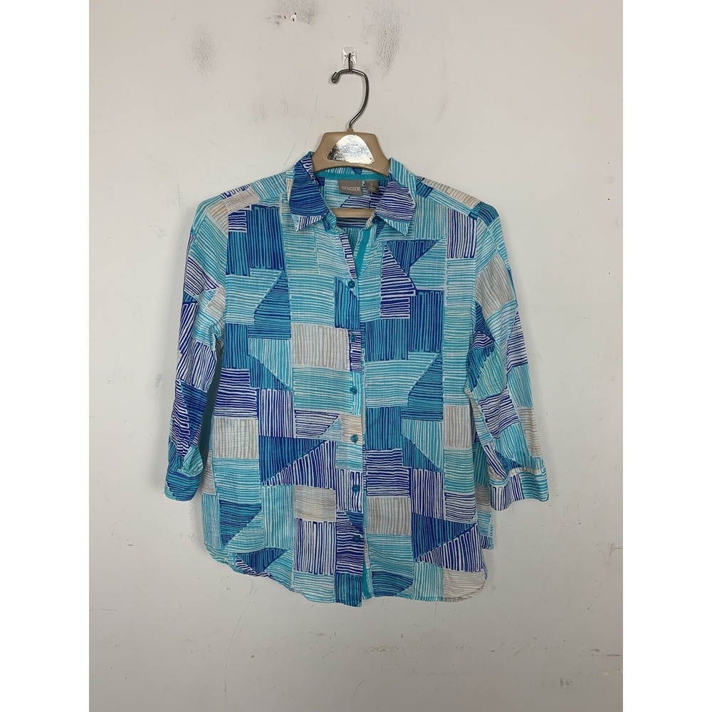Chicos Women Shirt 1 Medium Blue Beachy Coastal Vacation Cotton Travel Patchwork